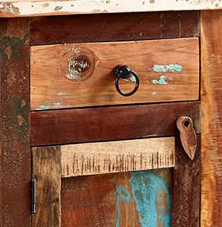 Solid Reclaimed Wood Bedside Cabinet With 1 Door And 1 Drawer - Coastal
