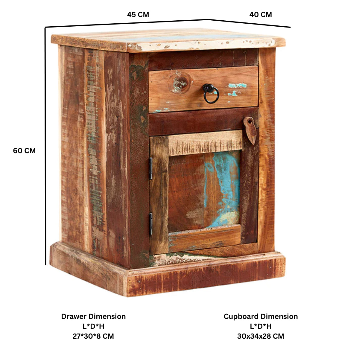 Solid Reclaimed Wood Bedside Cabinet With 1 Door And 1 Drawer - Coastal