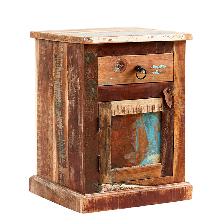Solid Reclaimed Wood Bedside Cabinet With 1 Door And 1 Drawer - Coastal