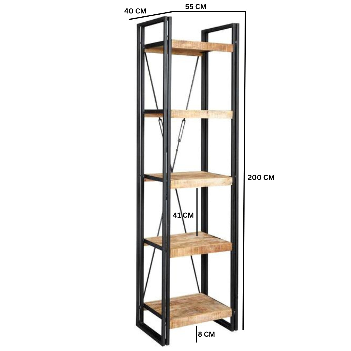 Solid Reclaimed Wood Bookcase Slim With 5 Shelves - Cosmo Industrial