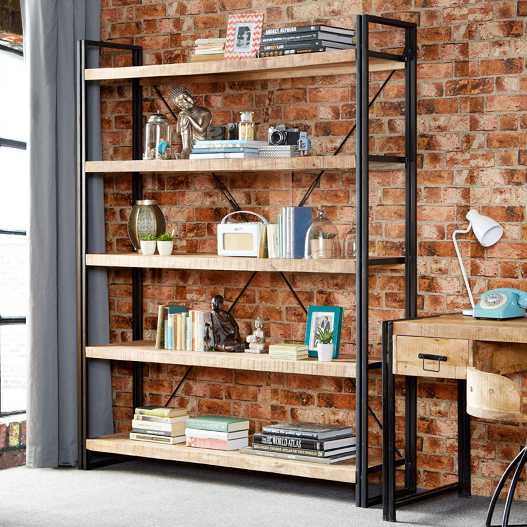 Solid Reclaimed Wood Bookcase Wide With 5 Shelves - Cosmo Industrial