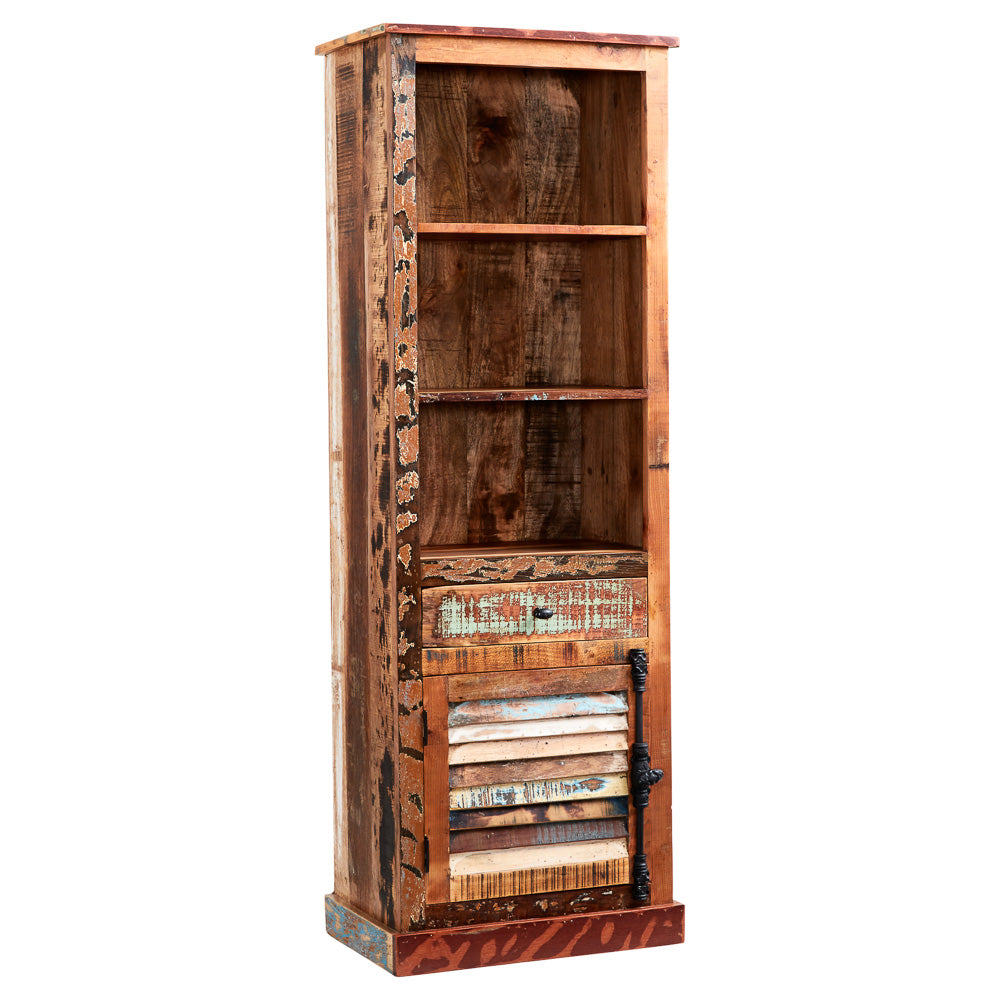 Solid Reclaimed Wood Bookcase With 1 Door And 1 Drawer - Coastal