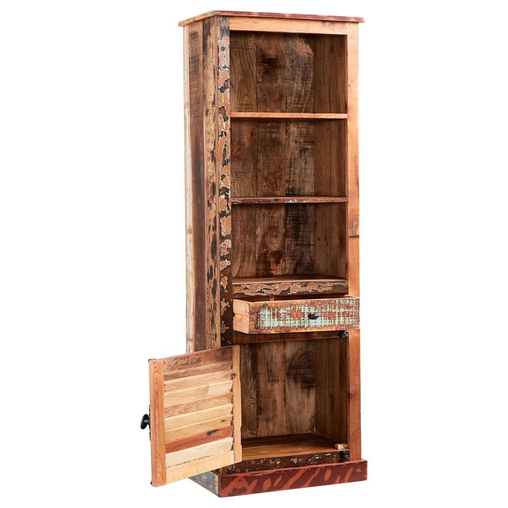 Solid Reclaimed Wood Bookcase With 1 Door And 1 Drawer - Coastal