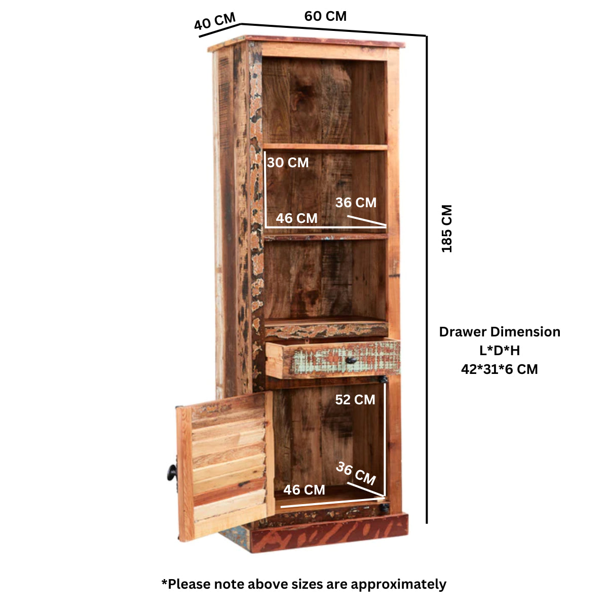 Solid Reclaimed Wood Bookcase With 1 Door And 1 Drawer - Coastal