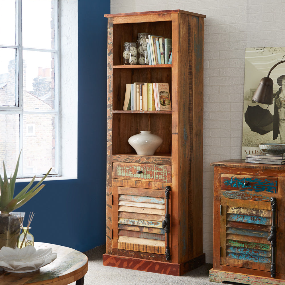 Solid Reclaimed Wood Bookcase With 1 Door And 1 Drawer - Coastal