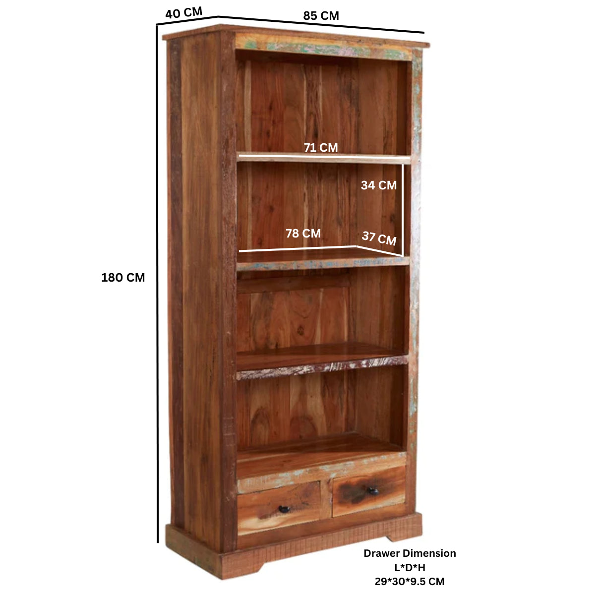 Solid Reclaimed Wood Bookcase With 2 Drawers - Coastal