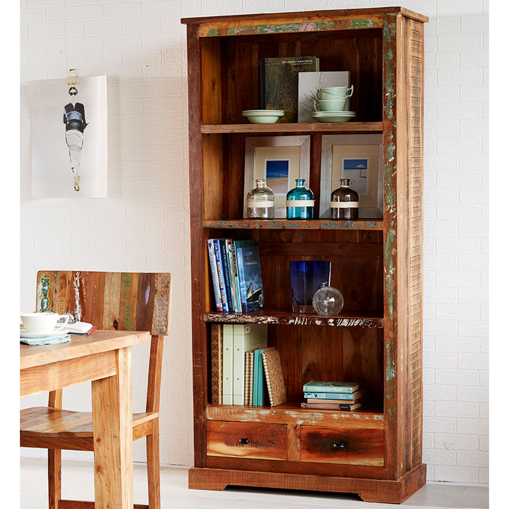 Solid Reclaimed Wood Bookcase With 2 Drawers - Coastal
