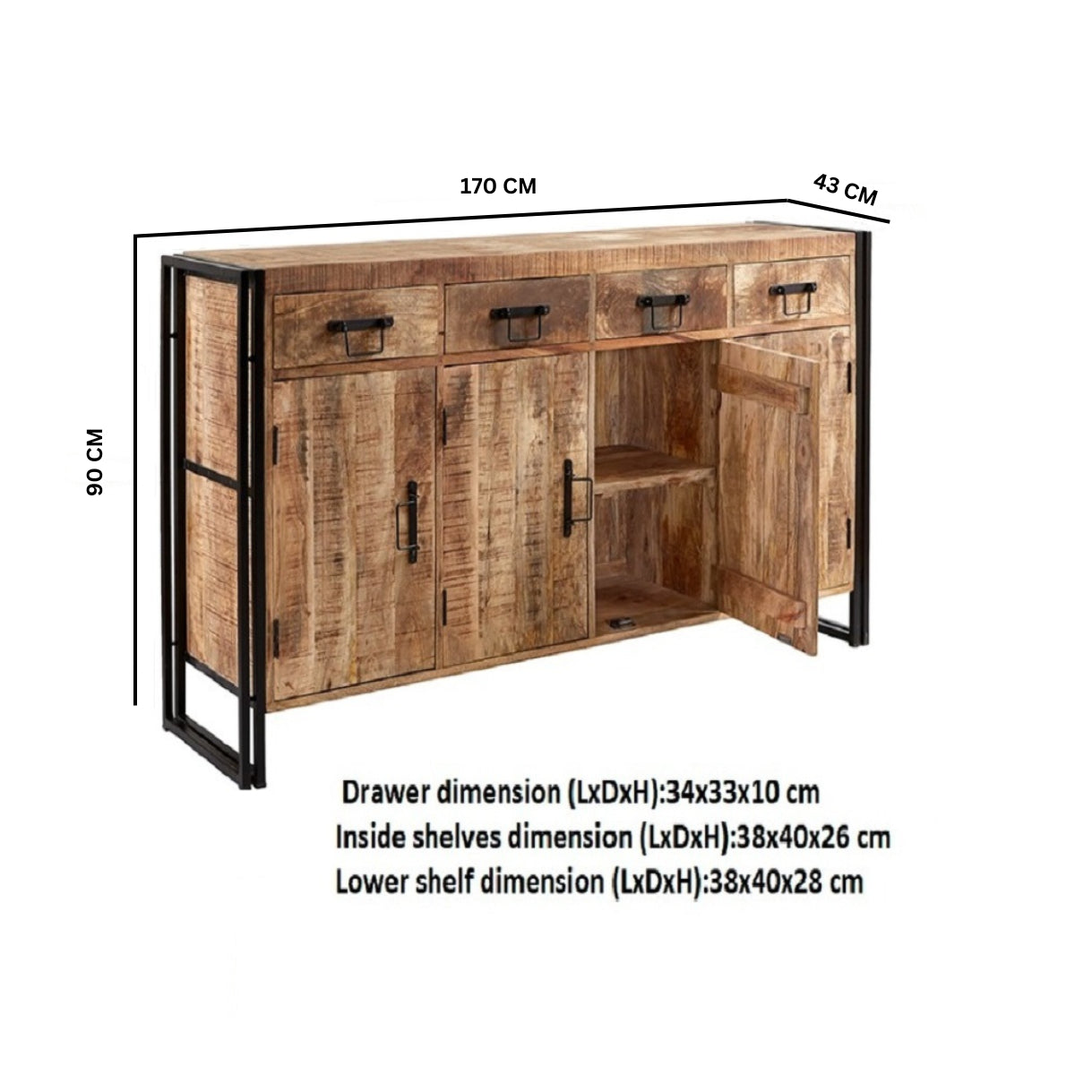 Solid Reclaimed Wood Sideboard With 4 Doors And 4 Drawers - Cosmo Industrial
