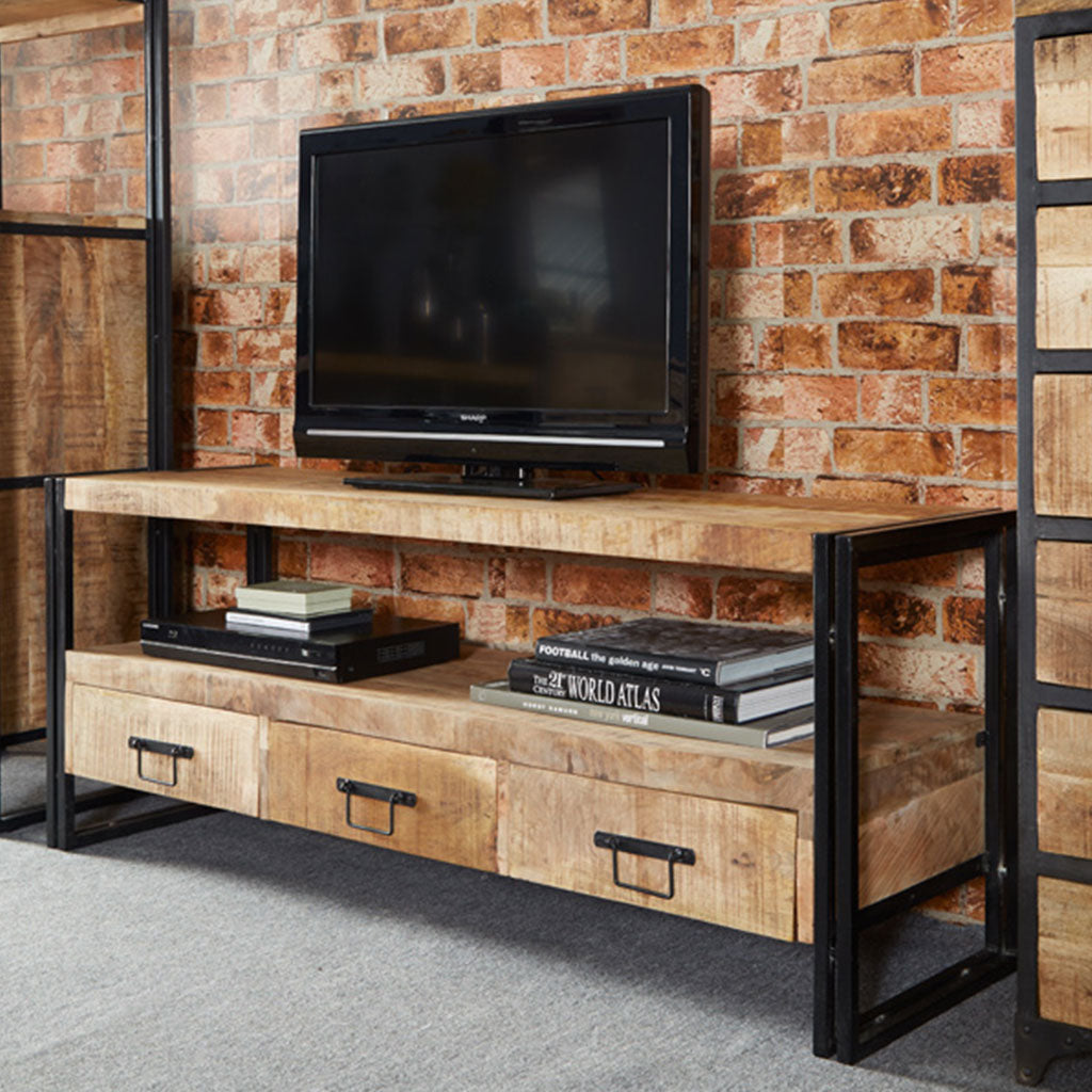 Solid Reclaimed Wood TV Stand With 3 Drawers - Cosmo Industrial