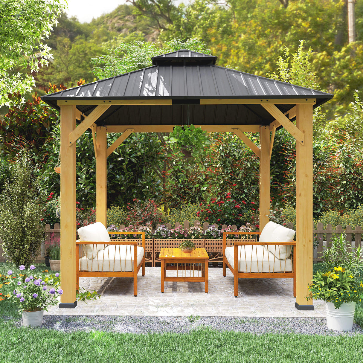Solid Wood Hardtop Gazebo 300cm Width x 300cm Depth With Double Roof - Velmora