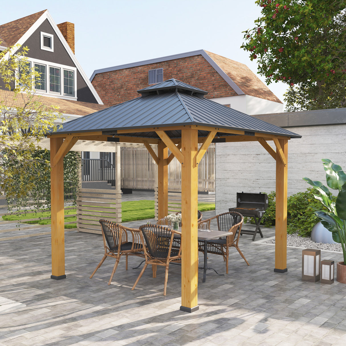 Solid Wood Hardtop Gazebo 300cm Width x 300cm Depth With Double Roof - Velmora