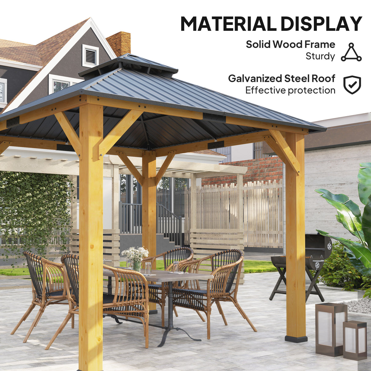 Solid Wood Hardtop Gazebo 300cm Width x 300cm Depth With Double Roof - Velmora