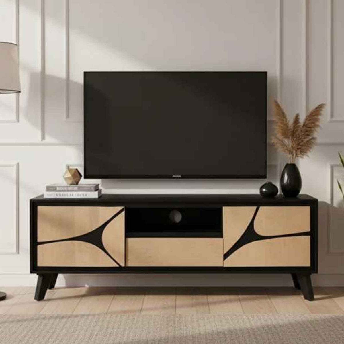 Solid Wood TV Stand 150cm Wide With 2 Doors And 1 Drawer - Boho