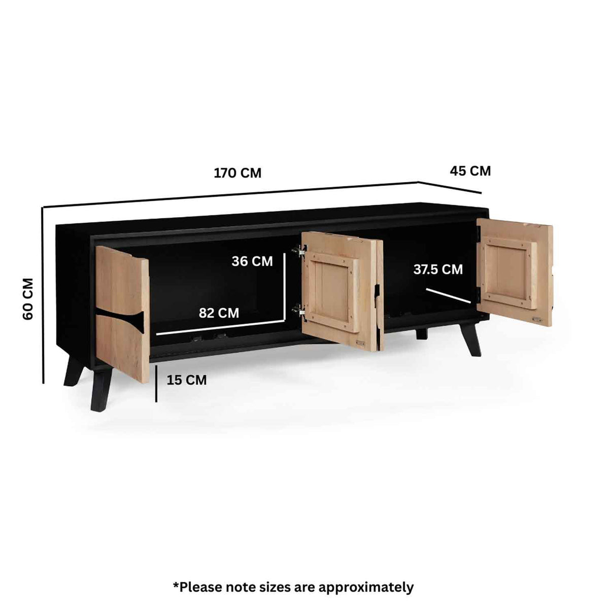 Solid Wood TV Stand 170cm Wide With 4 Doors - Boho