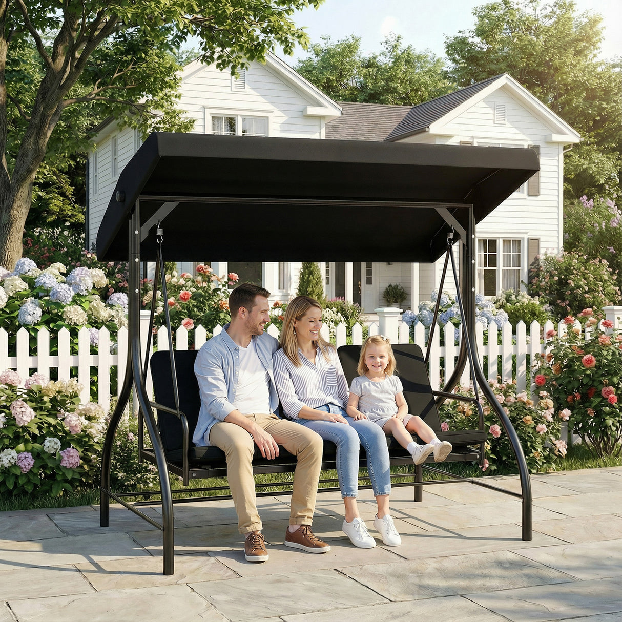 Steel 2 in 1 Convertible 3 Seater Garden Lounger Swing Chair Bed With Canopy - Velmora