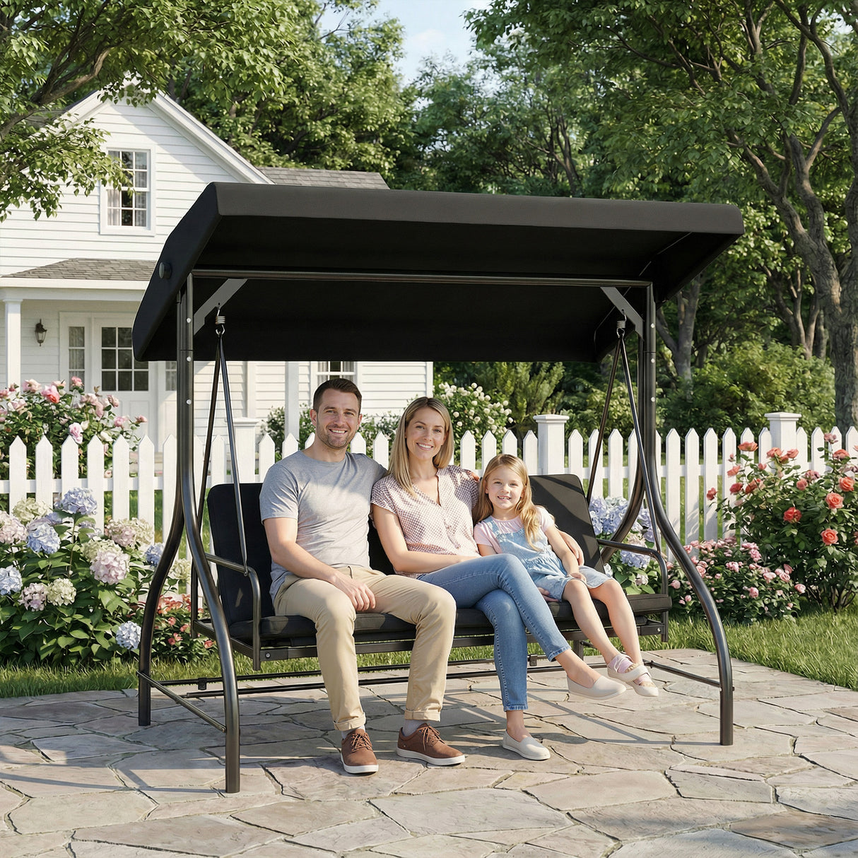Steel 2 in 1 Convertible 3 Seater Garden Lounger Swing Chair Bed With Canopy - Velmora