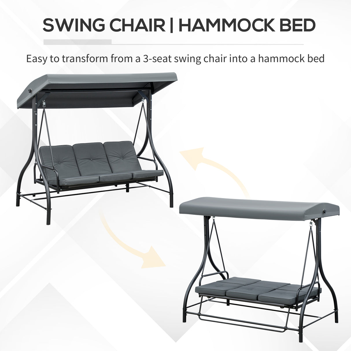 Steel 2 in 1 Convertible 3 Seater Garden Lounger Swing Chair Bed With Canopy - Velmora