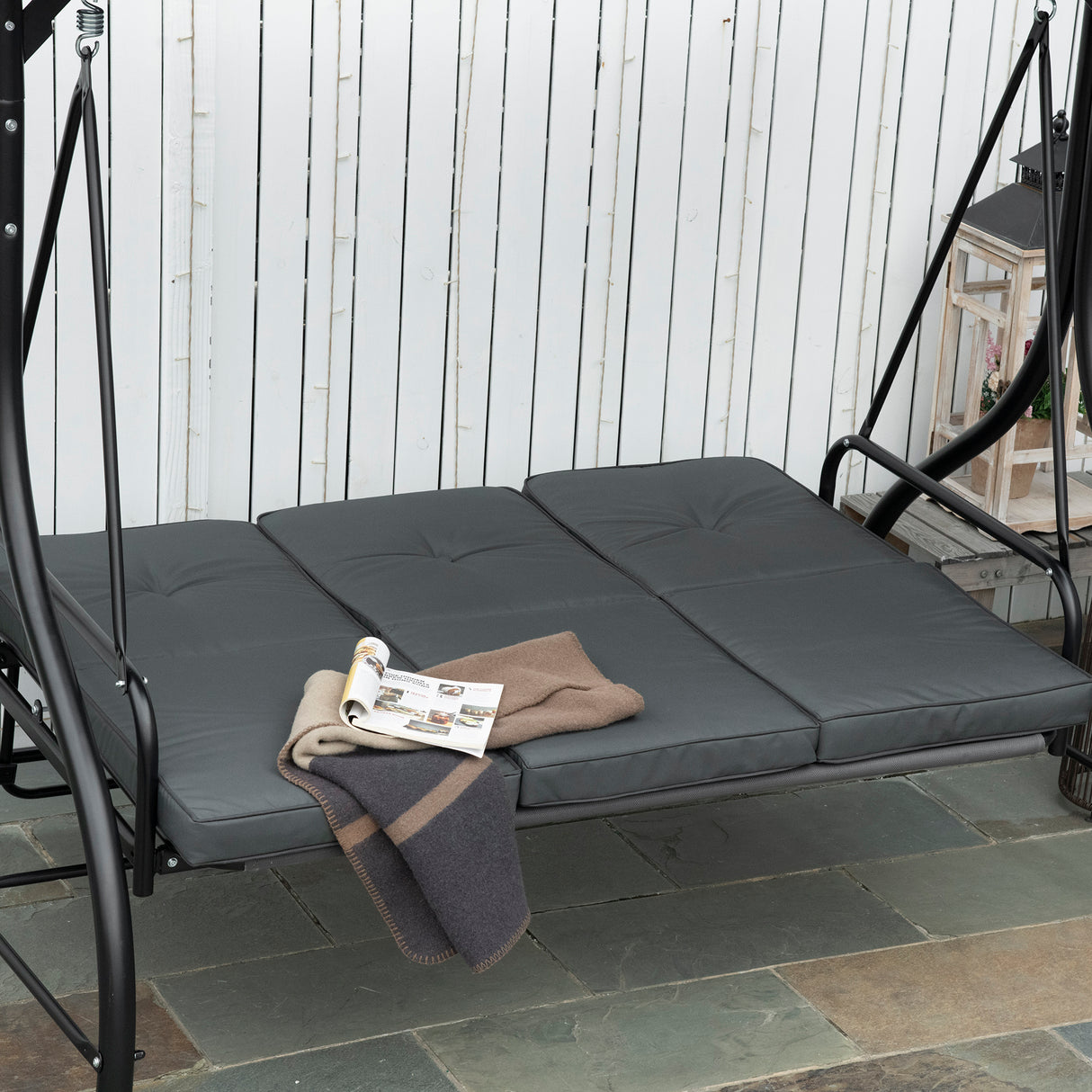 Steel 2 in 1 Convertible 3 Seater Garden Lounger Swing Chair Bed With Canopy - Velmora