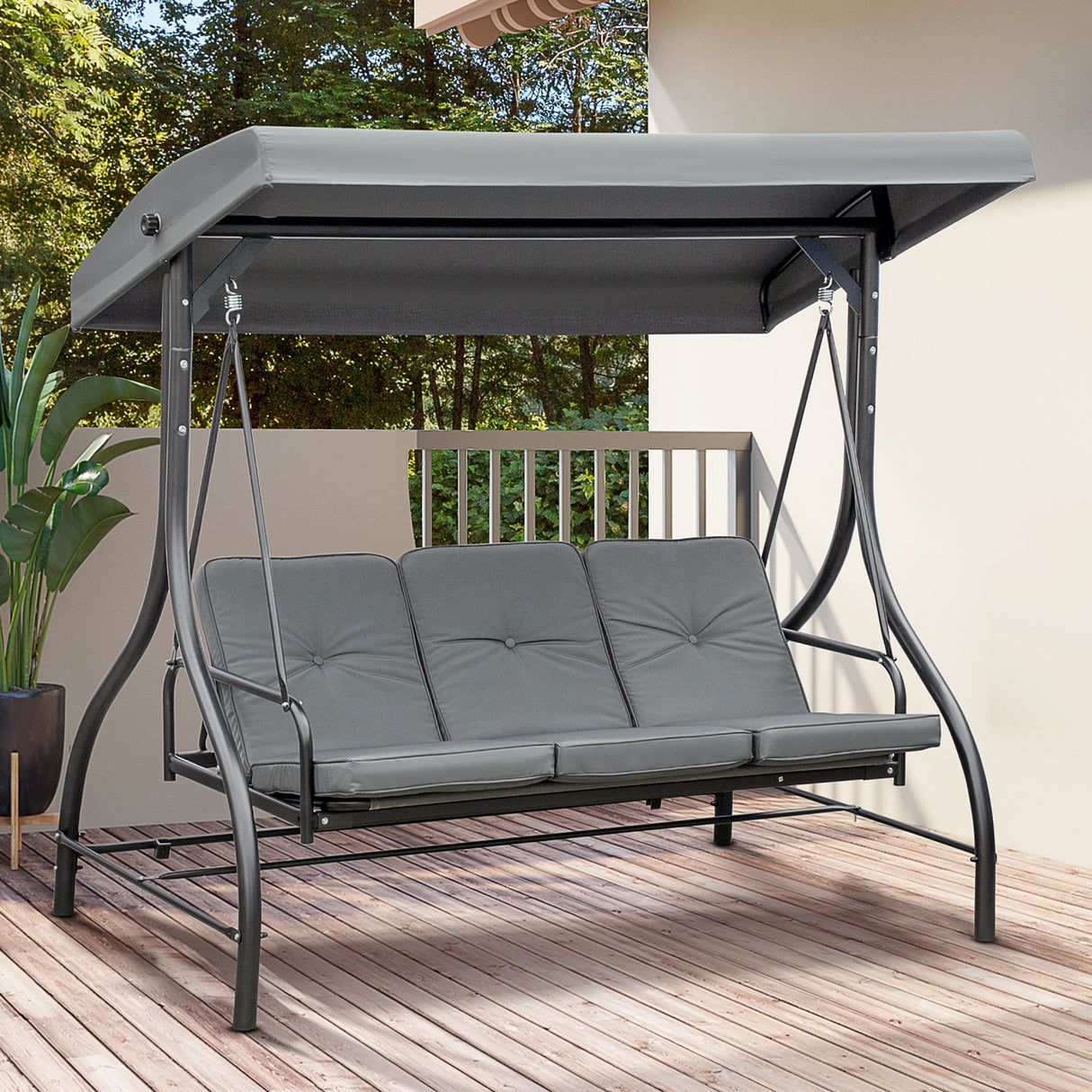 Steel 2 in 1 Convertible 3 Seater Garden Lounger Swing Chair Bed With Canopy - Velmora