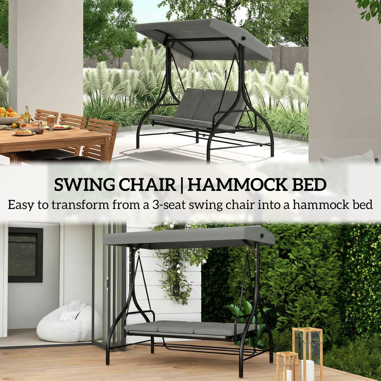 Steel 2 in 1 Convertible 3 Seater Garden Lounger Swing Chair Bed With Canopy - Velmora