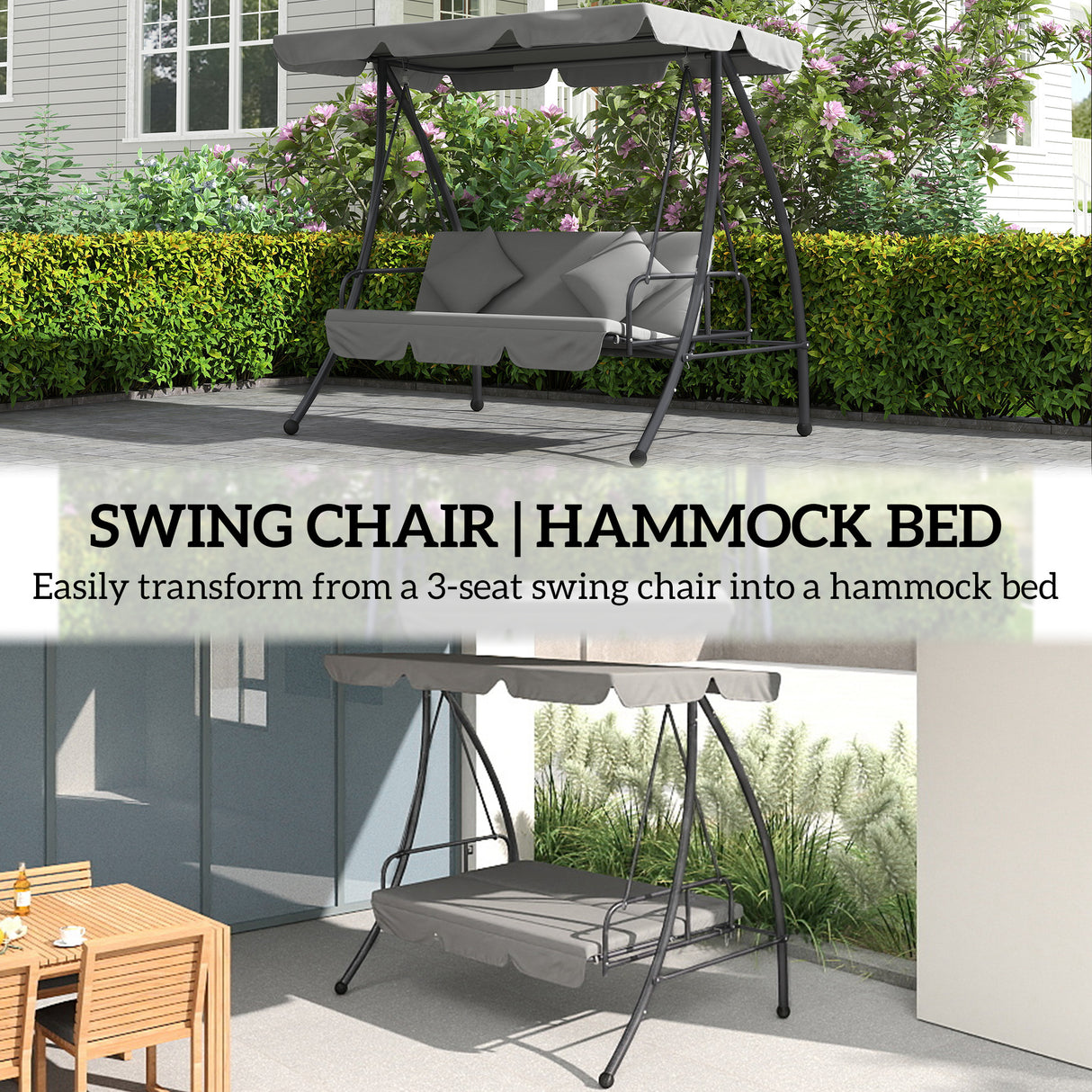 Steel 2 in 1 Convertible 3 Seater Garden Lounger Swing Chair Bed - Velmora