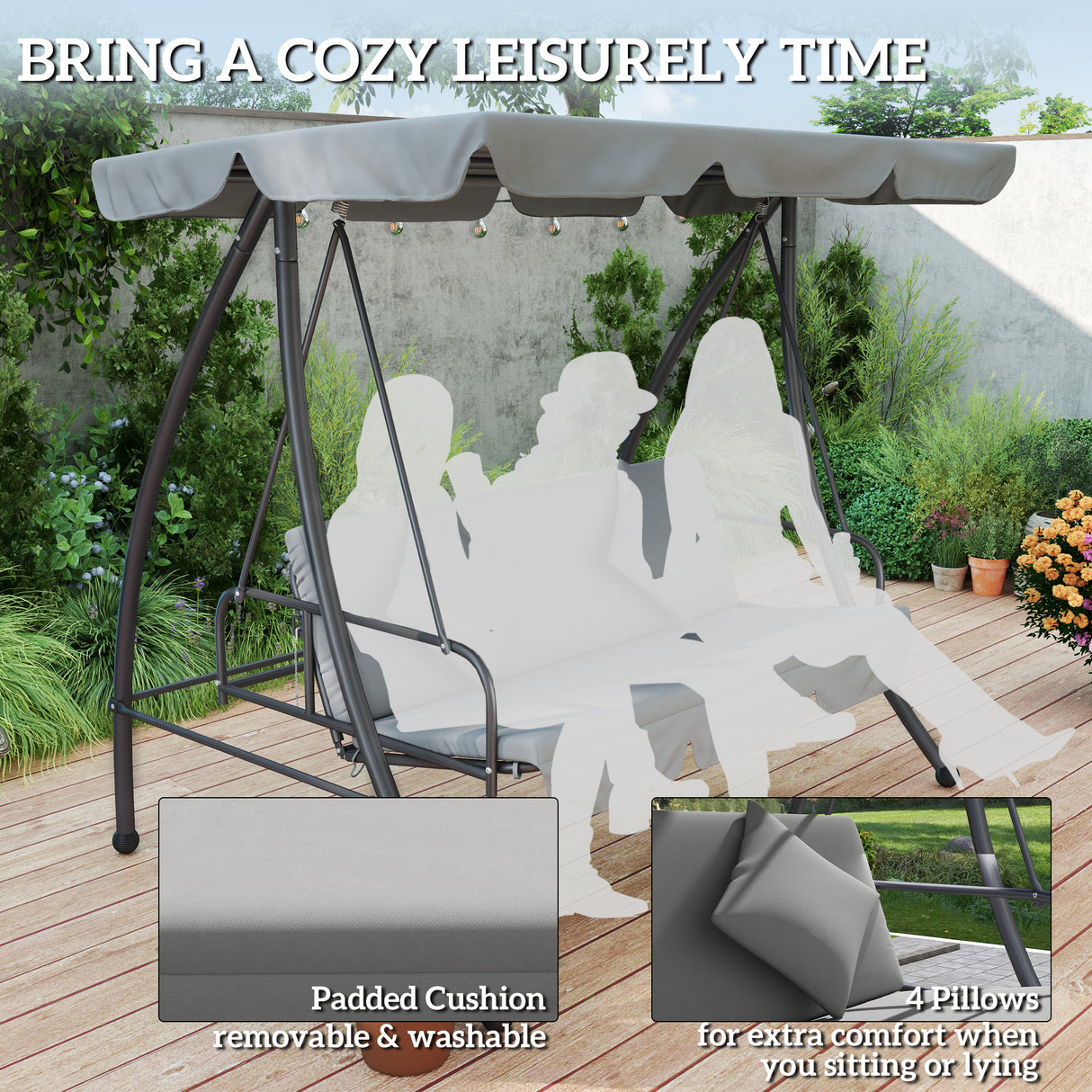 Steel 2 in 1 Convertible 3 Seater Garden Lounger Swing Chair Bed - Velmora