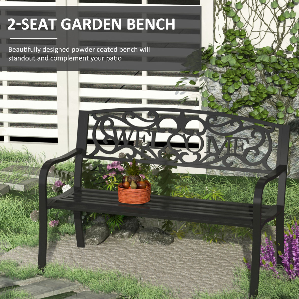 Steel 2 Seater Garden Bench with Welcome Sign - Velmora