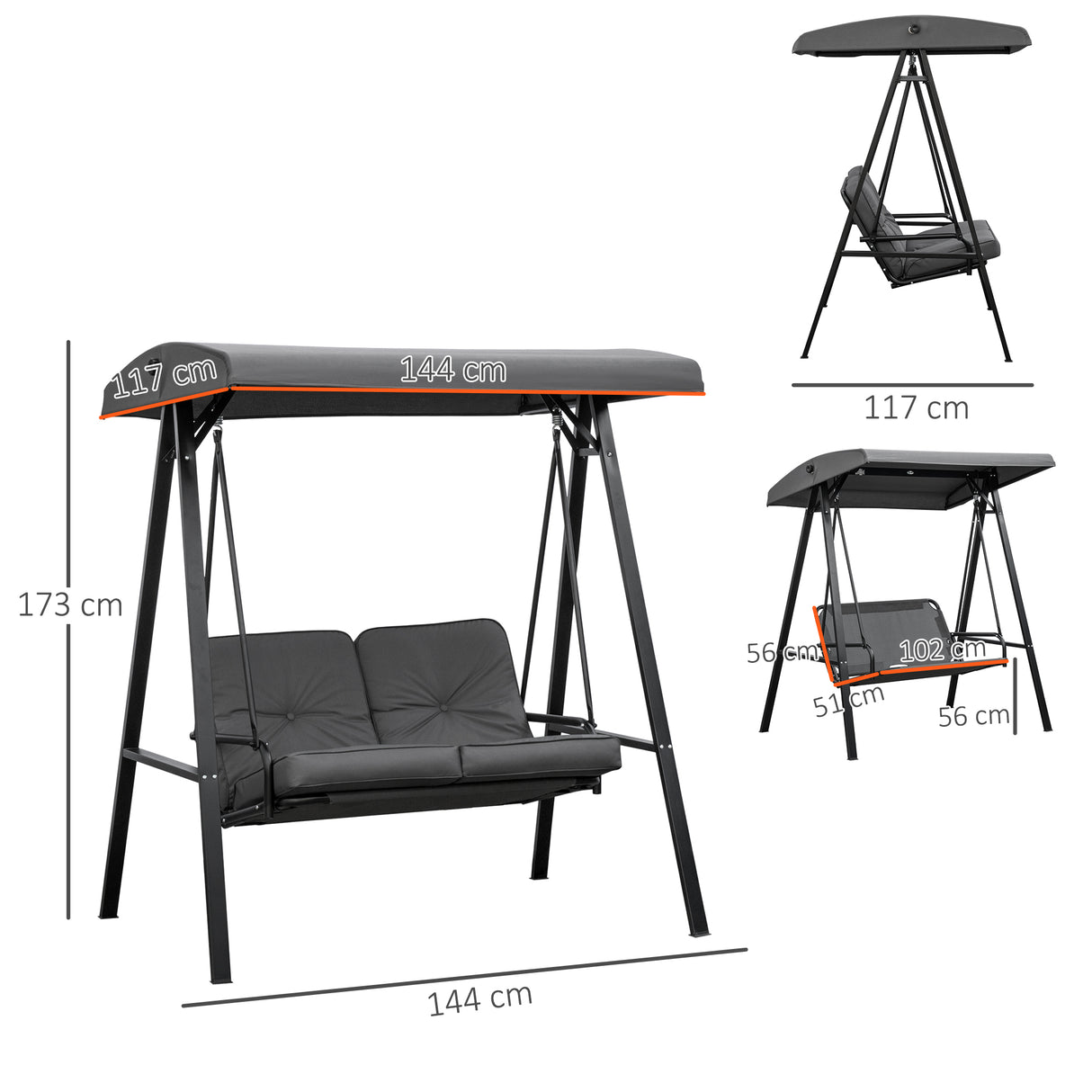 Steel 2 Seater Garden Swing Bench With Adjustable Canopy - Velmora