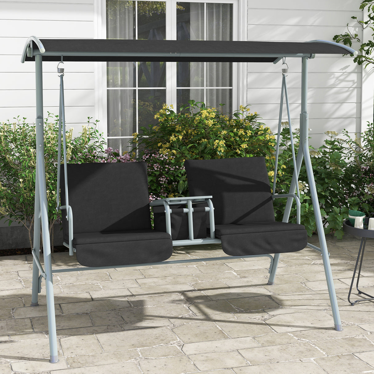 Steel 2 Seater Garden Swing Chair With Tilting Canopy And Double Padded Seats - Velmora