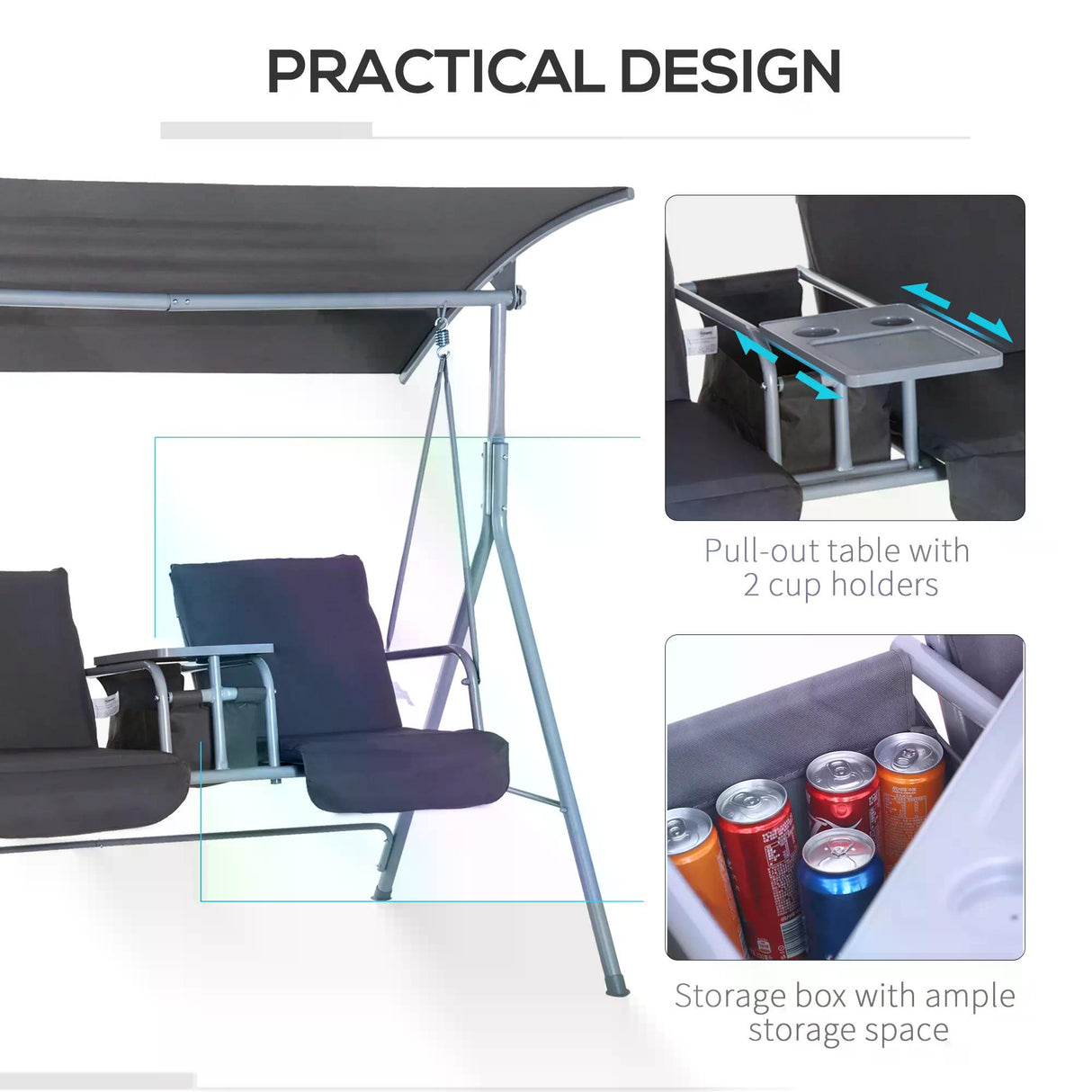 Steel 2 Seater Garden Swing Chair With Tilting Canopy And Double Padded Seats - Velmora