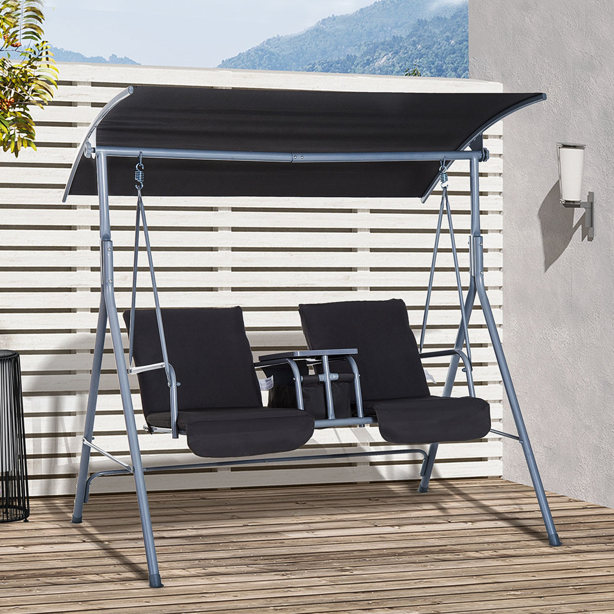 Steel 2 Seater Garden Swing Chair With Tilting Canopy And Double Padded Seats - Velmora