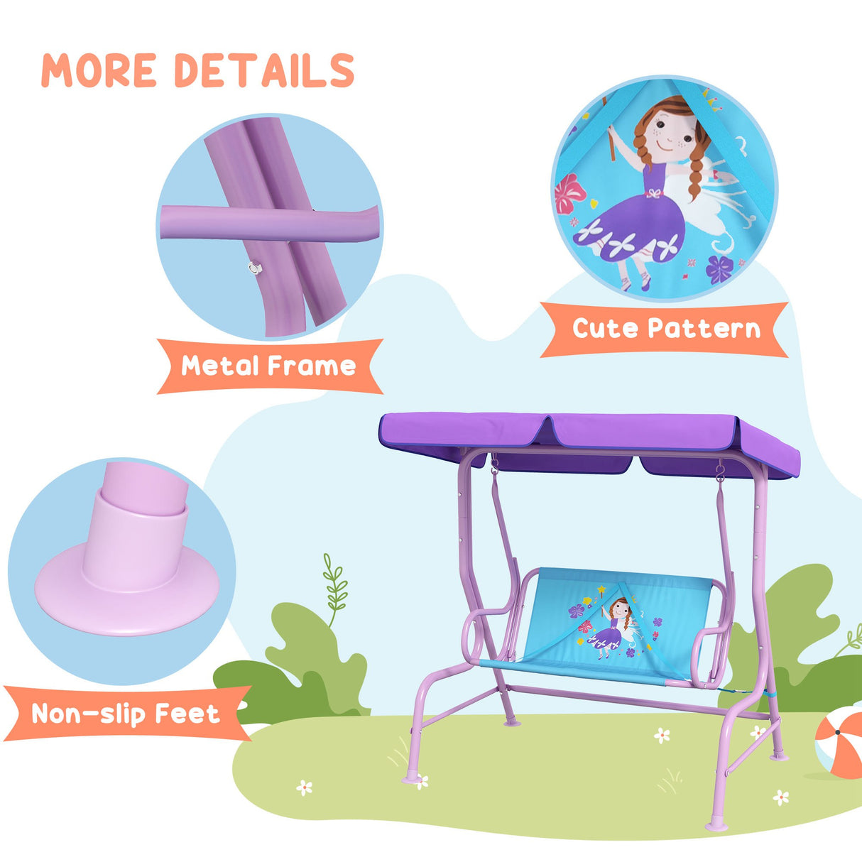 Steel 2 Seater Kids Garden Swing Bench With Adjustable Canopy - Velmora