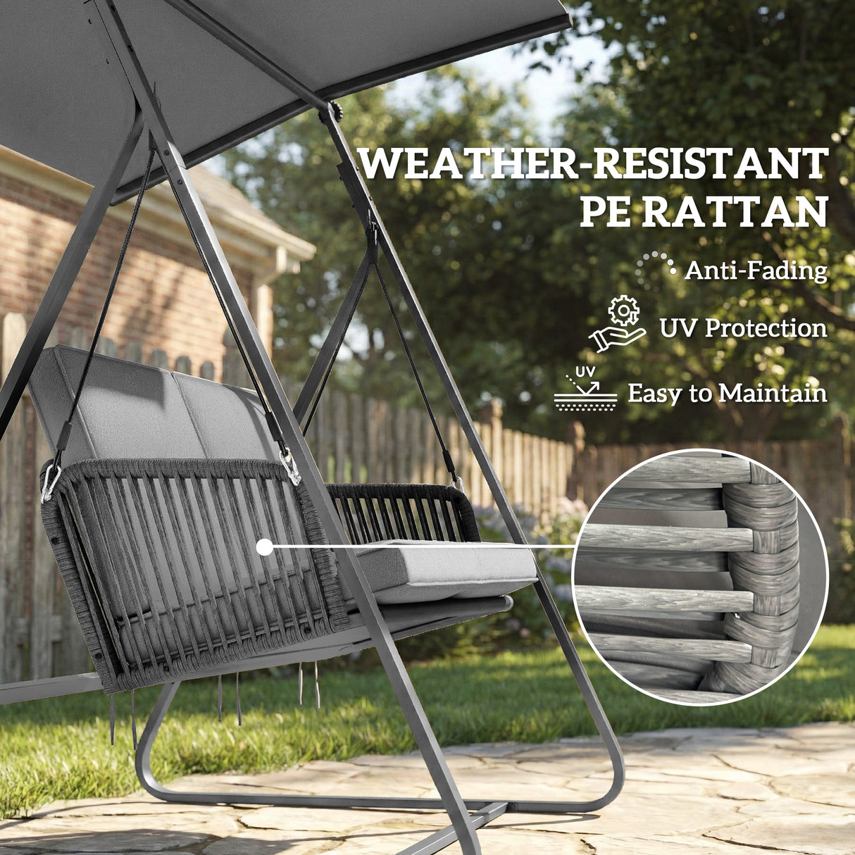 Steel 2 Seater Poly Rattan Garden Swing Chair With Stand - Velmora