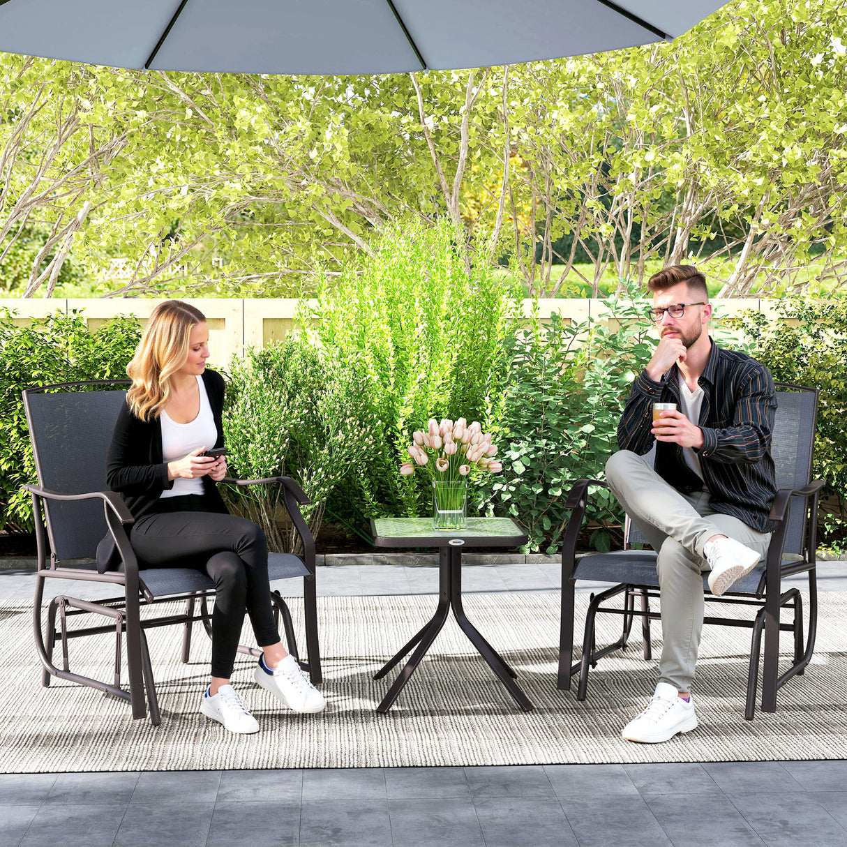 Steel 2 Single Seater Garden Glider Rocking Chairs And Table Set - Velmora