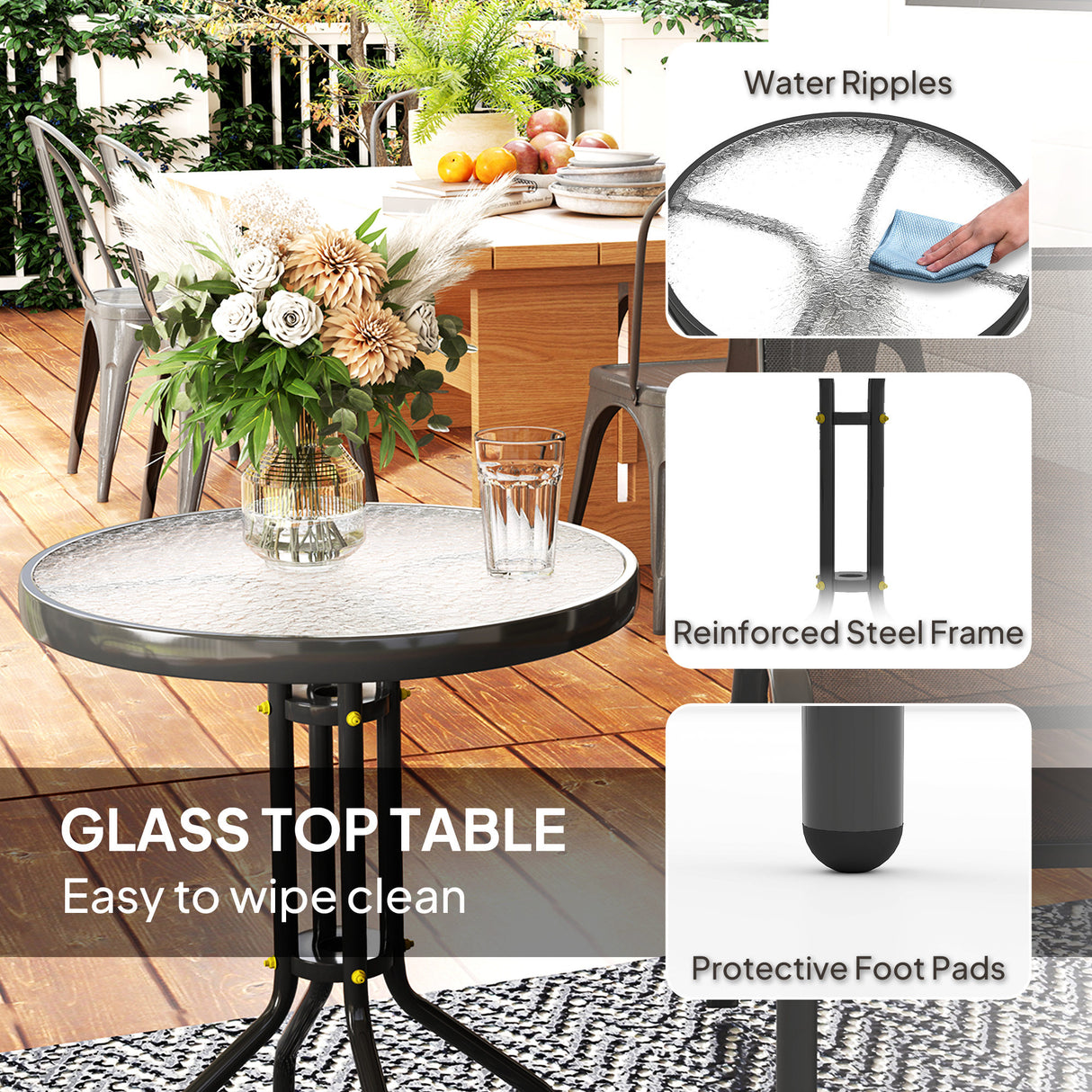Steel 3 Pieces Garden Bistro Set With Round Glass Top Coffee Table - Velmora