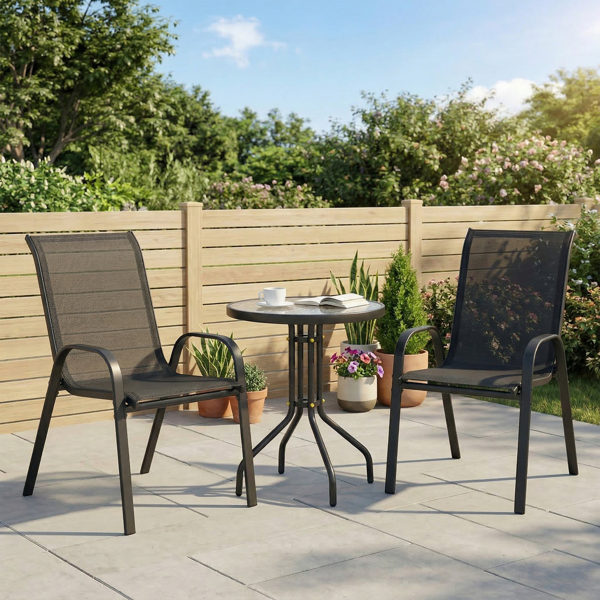 Steel 3 Pieces Garden Bistro Set With Round Glass Top Coffee Table - Velmora
