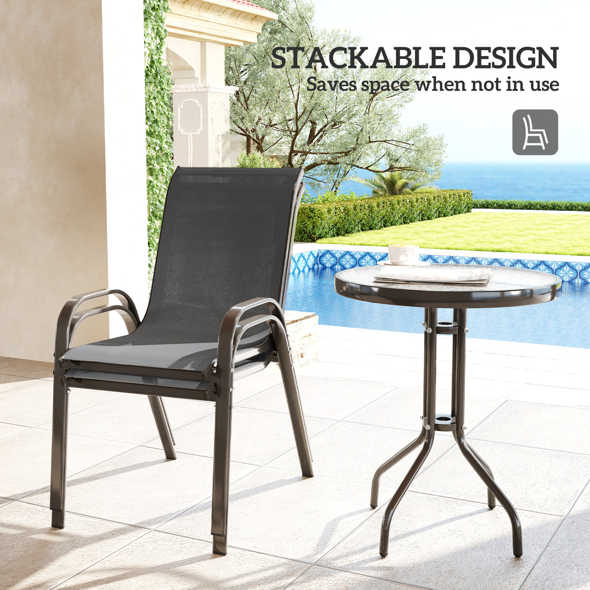 Steel 3 Pieces Garden Bistro Set With Round Glass Top Coffee Table - Velmora