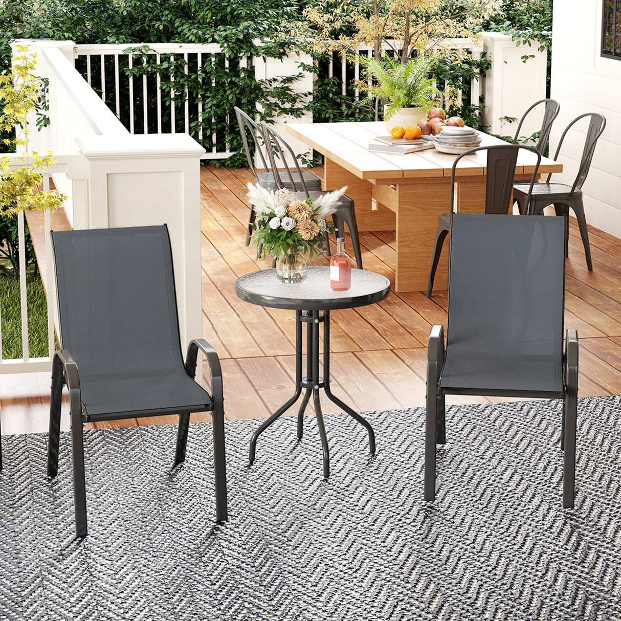 Steel 3 Pieces Garden Bistro Set With Round Glass Top Coffee Table - Velmora