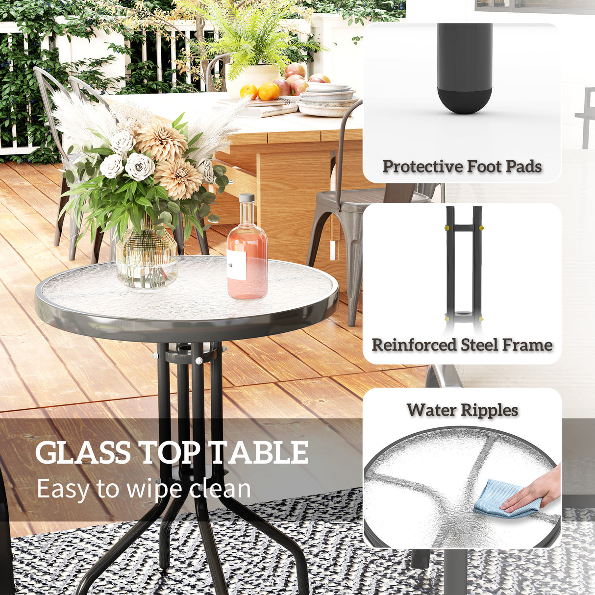 Steel 3 Pieces Garden Bistro Set With Round Glass Top Coffee Table - Velmora
