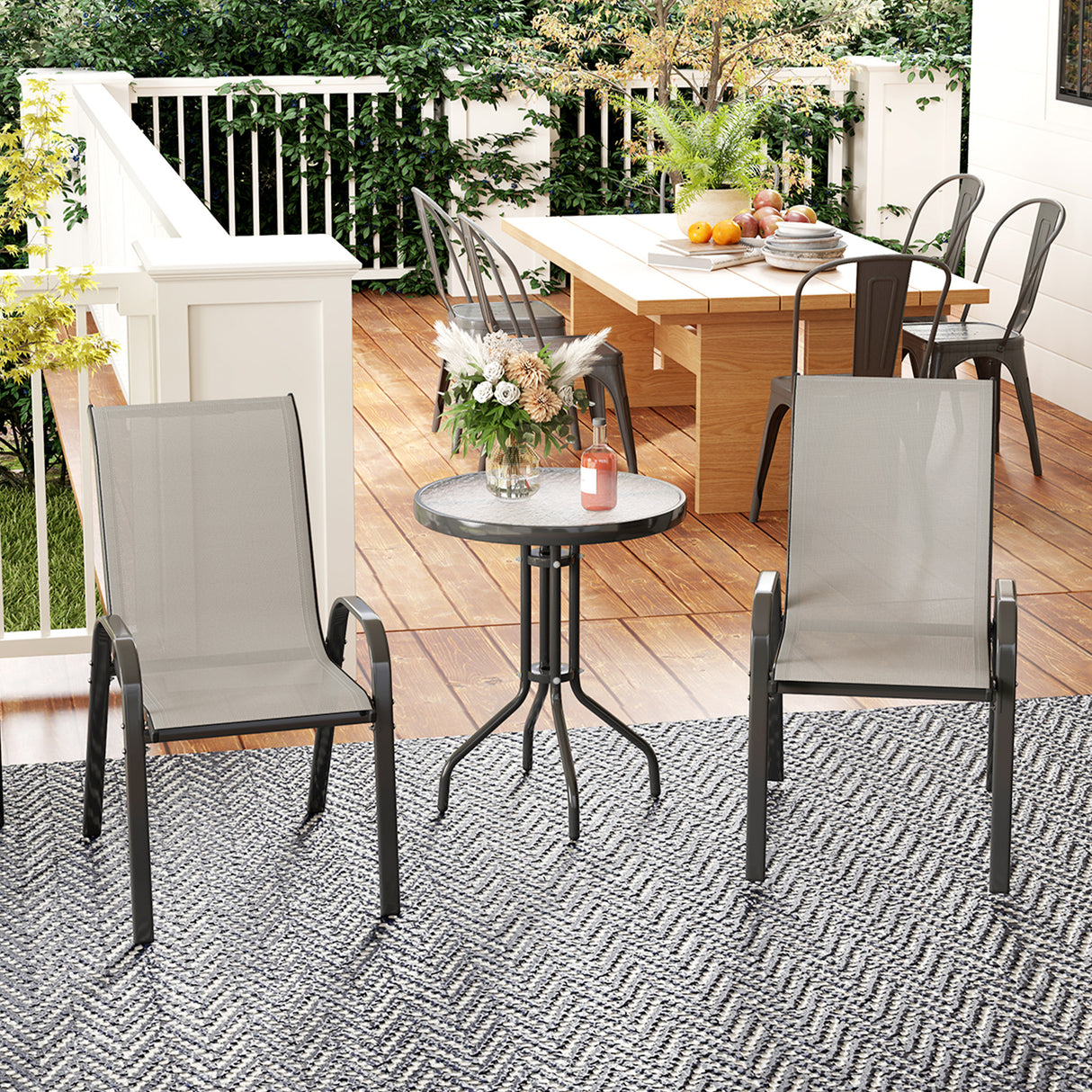 Steel 3 Pieces Garden Bistro Set With Round Glass Top Coffee Table - Velmora