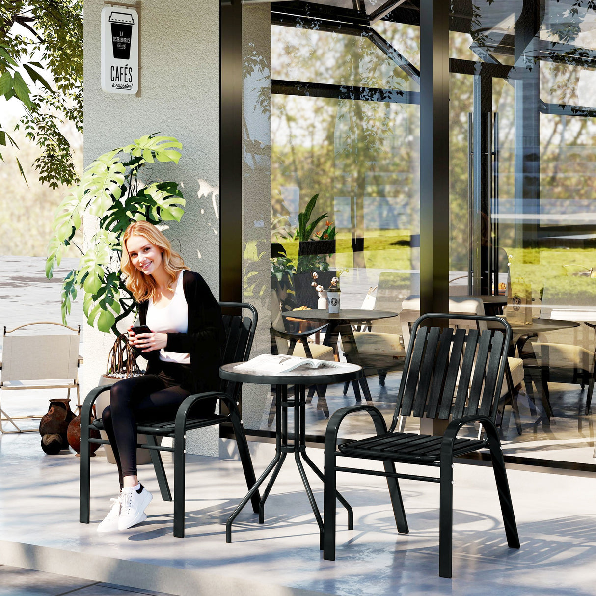 Steel 3 Pieces Garden Bistro Set With Stackable Chairs and Round Glass Table - Velmora