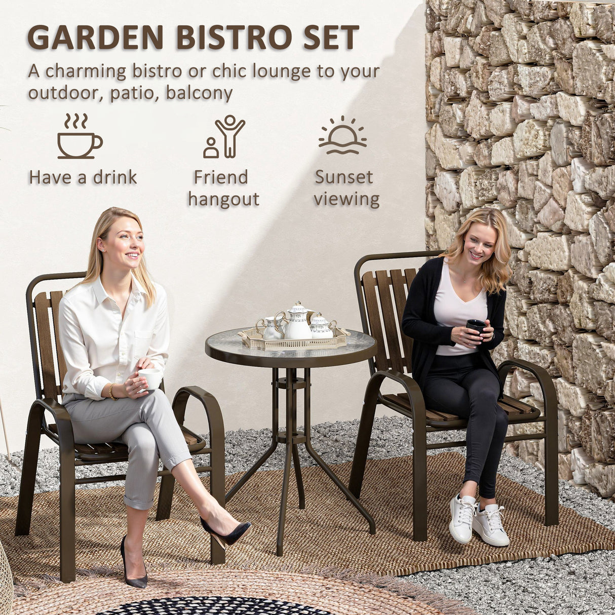 Steel 3 Pieces Garden Bistro Set With Stackable Chairs and Round Glass Table - Velmora
