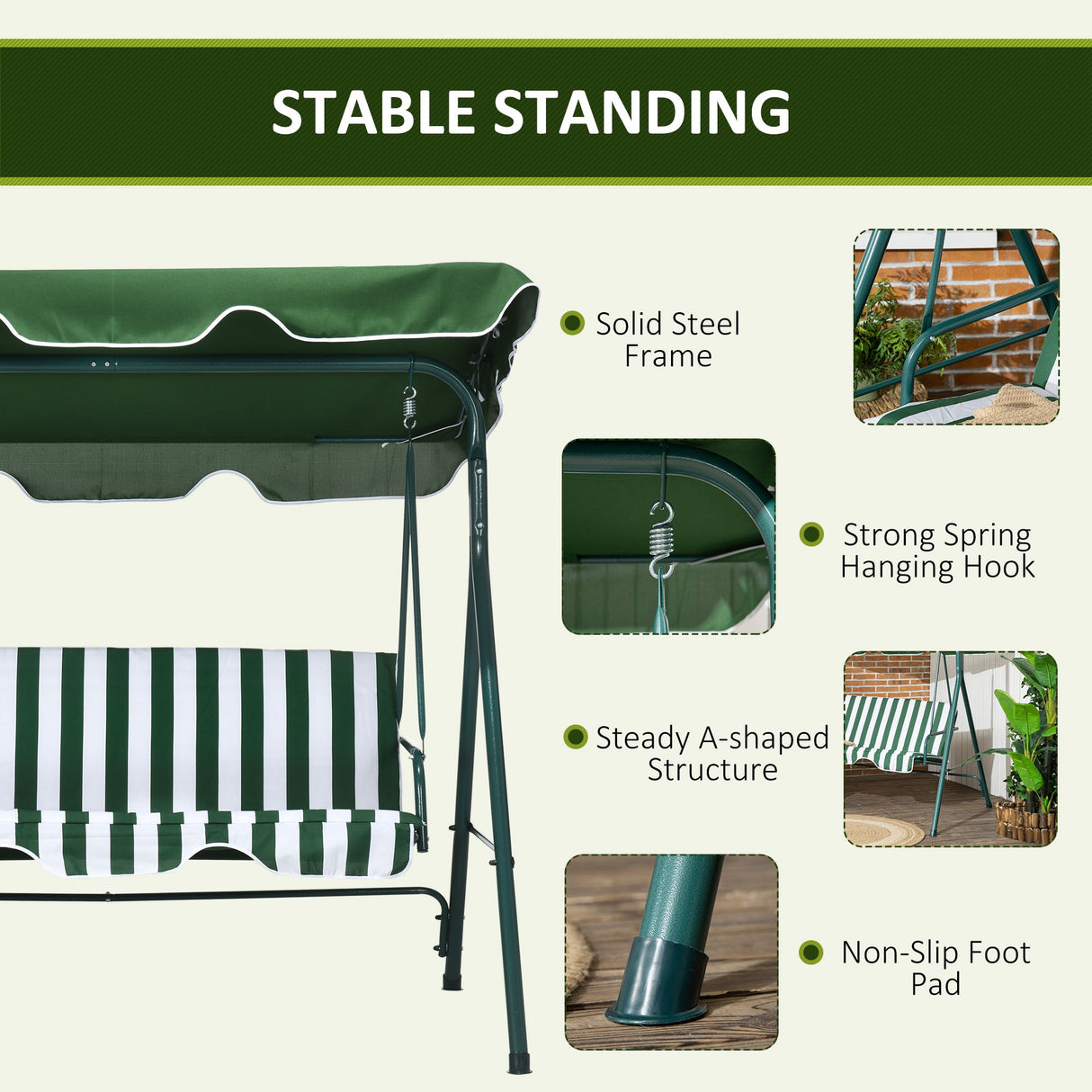 Steel 3 Seater Garden Swing Chair With Adjustable Canopy - Velmora