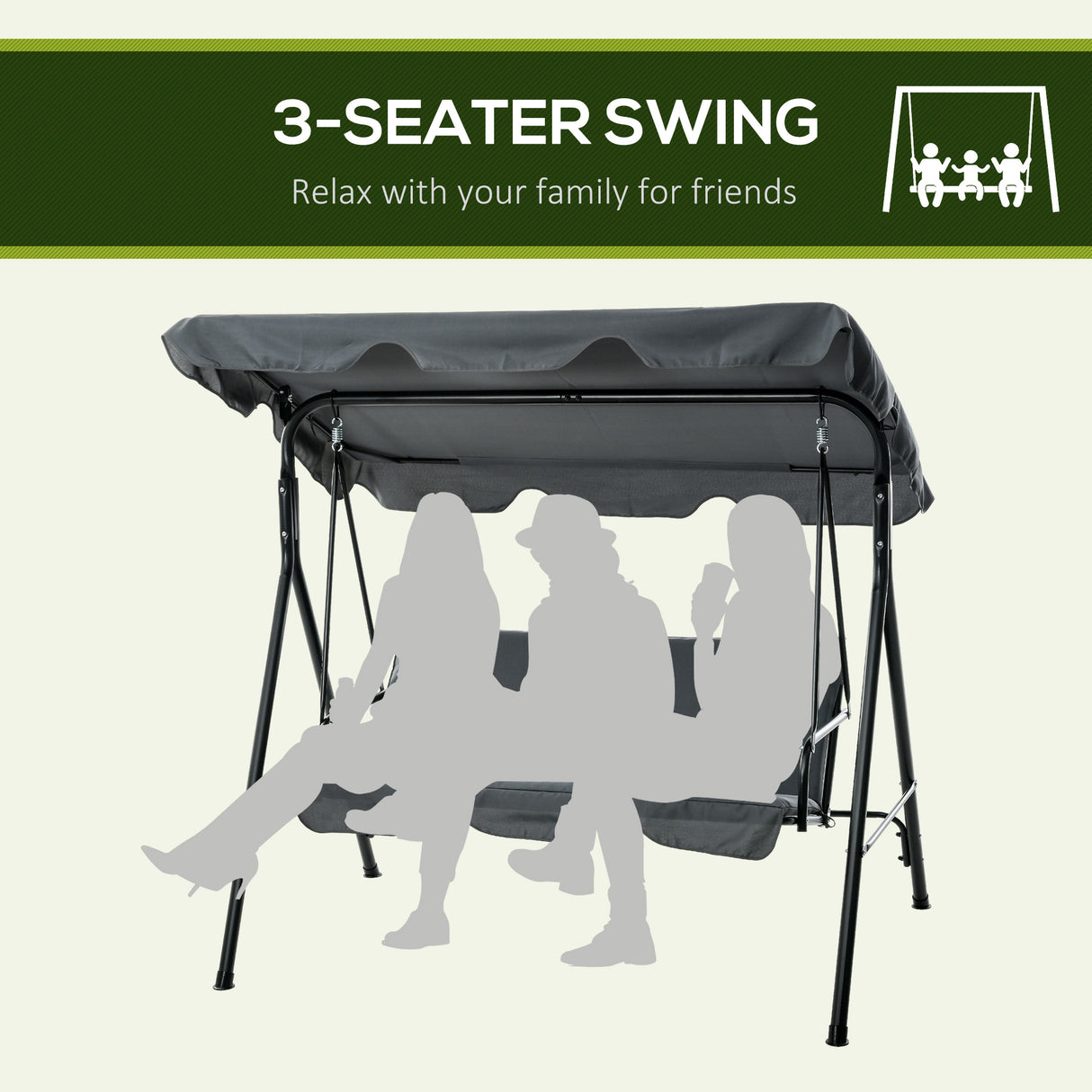 Steel 3 Seater Garden Swing Chair With Adjustable Canopy - Velmora
