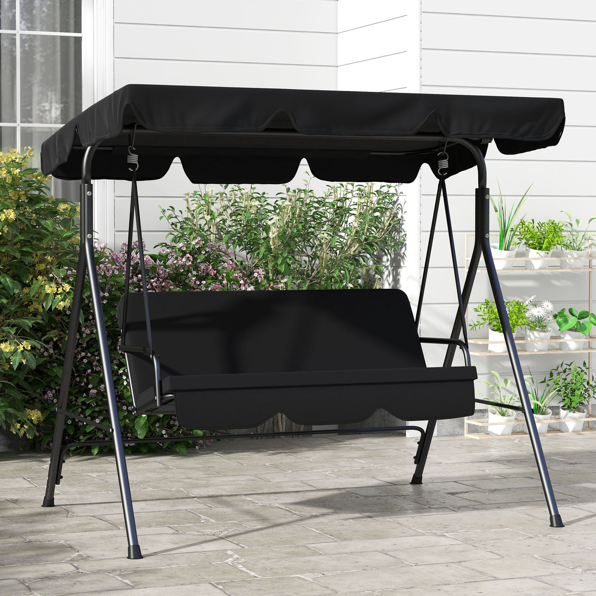 Steel 3 Seater Garden Swing Chair With Adjustable Canopy - Velmora