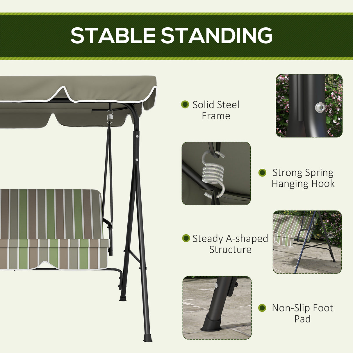 Steel 3 Seater Garden Swing Chair With Adjustable Canopy - Velmora