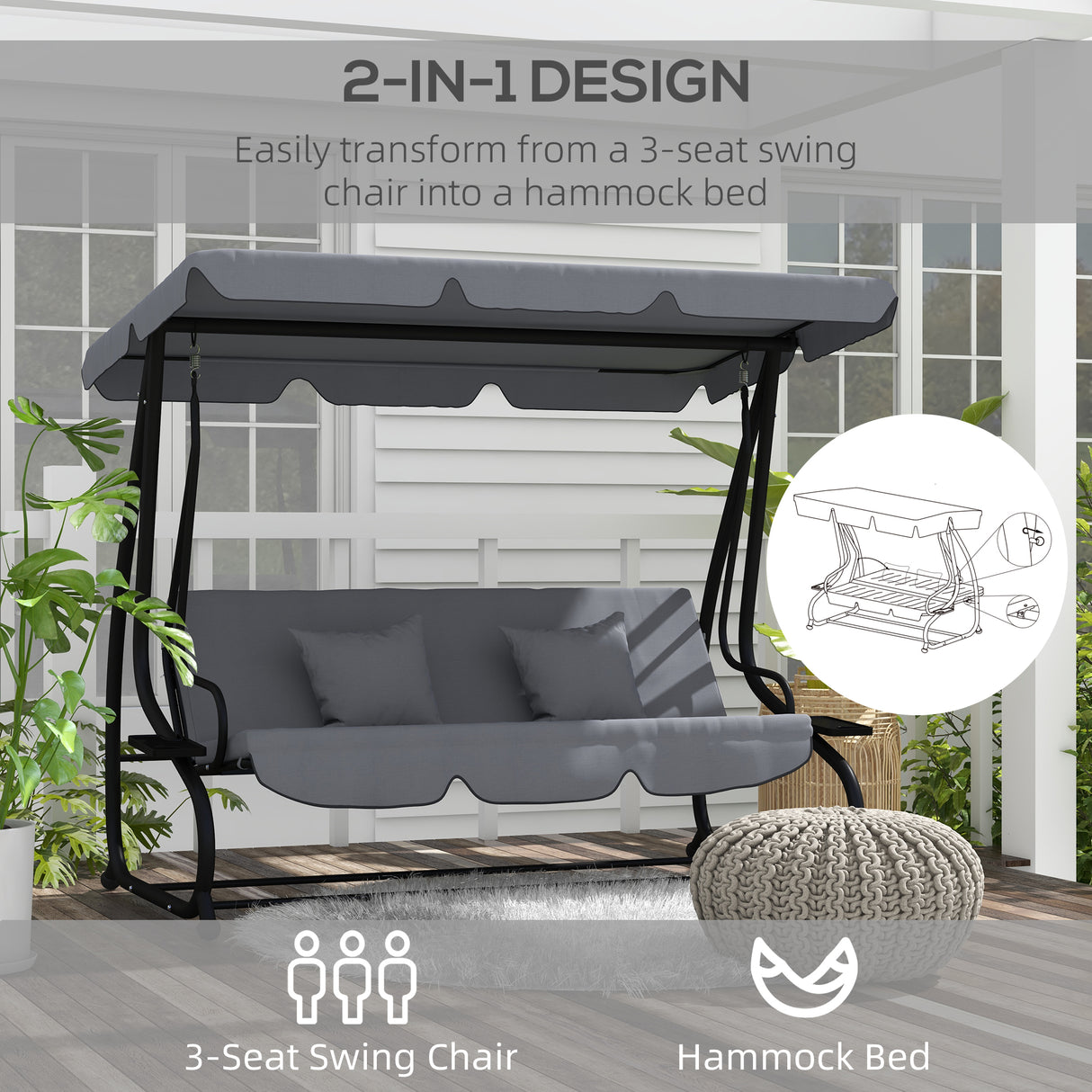 Steel 3 Seater Garden Swing Chair Bed With Adjustable Canopy - Velmora