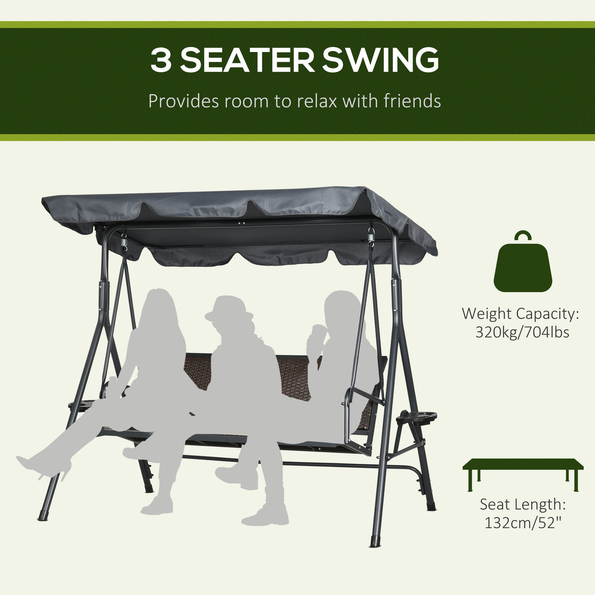 Steel 3 Seater Garden Swing Chair Bench With Adjustable Canopy And Rattan Seat - Velmora