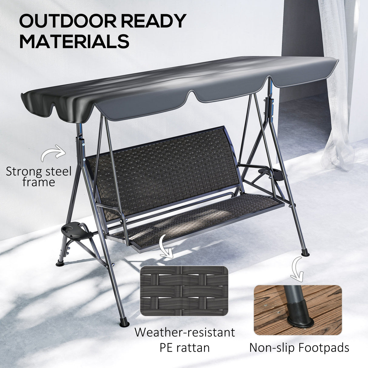 Steel 3 Seater Garden Swing Chair Bench With Adjustable Canopy And Rattan Seat - Velmora