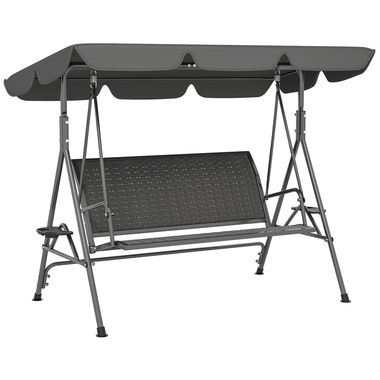 Steel 3 Seater Garden Swing Chair Bench With Adjustable Canopy And Rattan Seat - Velmora